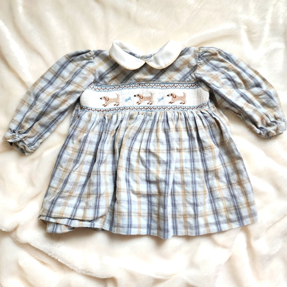 VINTAGE Smocked Puppy Dog 6 Month Dress Top Plaid Blue/Tan Friedknit Creations